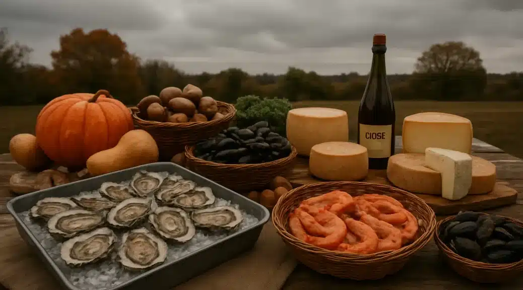 Marché vendéen d'automne avec huîtres, fruits de mer et produits locaux